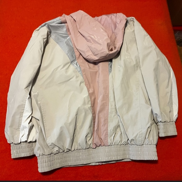 Zara retro pastel pink, off white and blue rubberized hooded jacket EUC - Picture 11 of 12